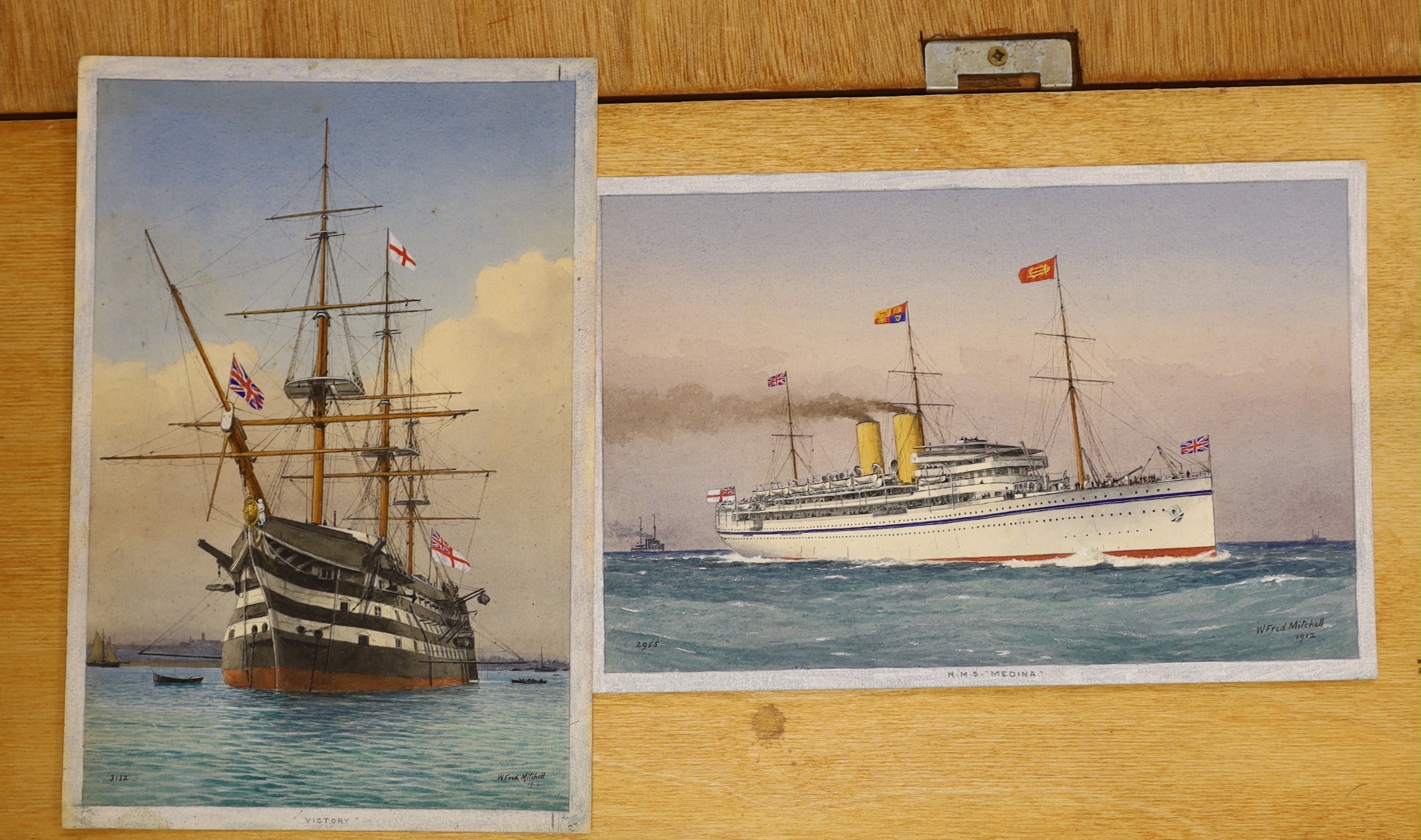 William Frederick Mitchell (1845-1914), two watercolours, HMS Medina, Royal Yacht and HMS Victory, signed and dated 1912/1916, 17 x 26cm and 26 x 18cm, unframed